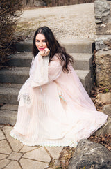 1976 Bill Gibb Couture Pleated Silk Chiffon Skirt w Metallic Thread Embroidered Silk Net Coat