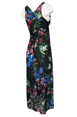 1960s Unlabeled Bright Floral Print On Black Nylon Lingerie Dress