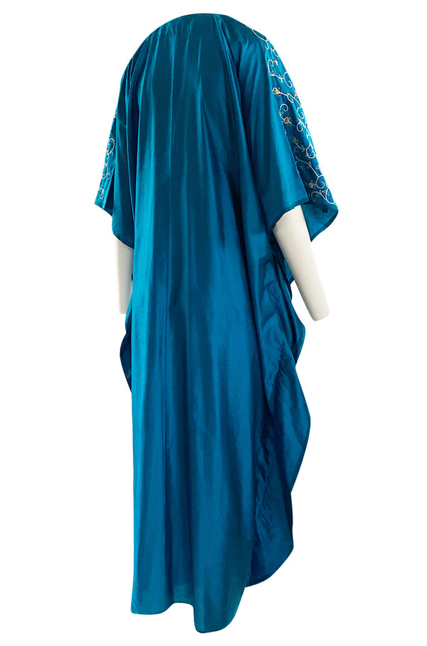 1970s Elaborately Embroidered Deep Turquoise Blue Silk Caftan Dress