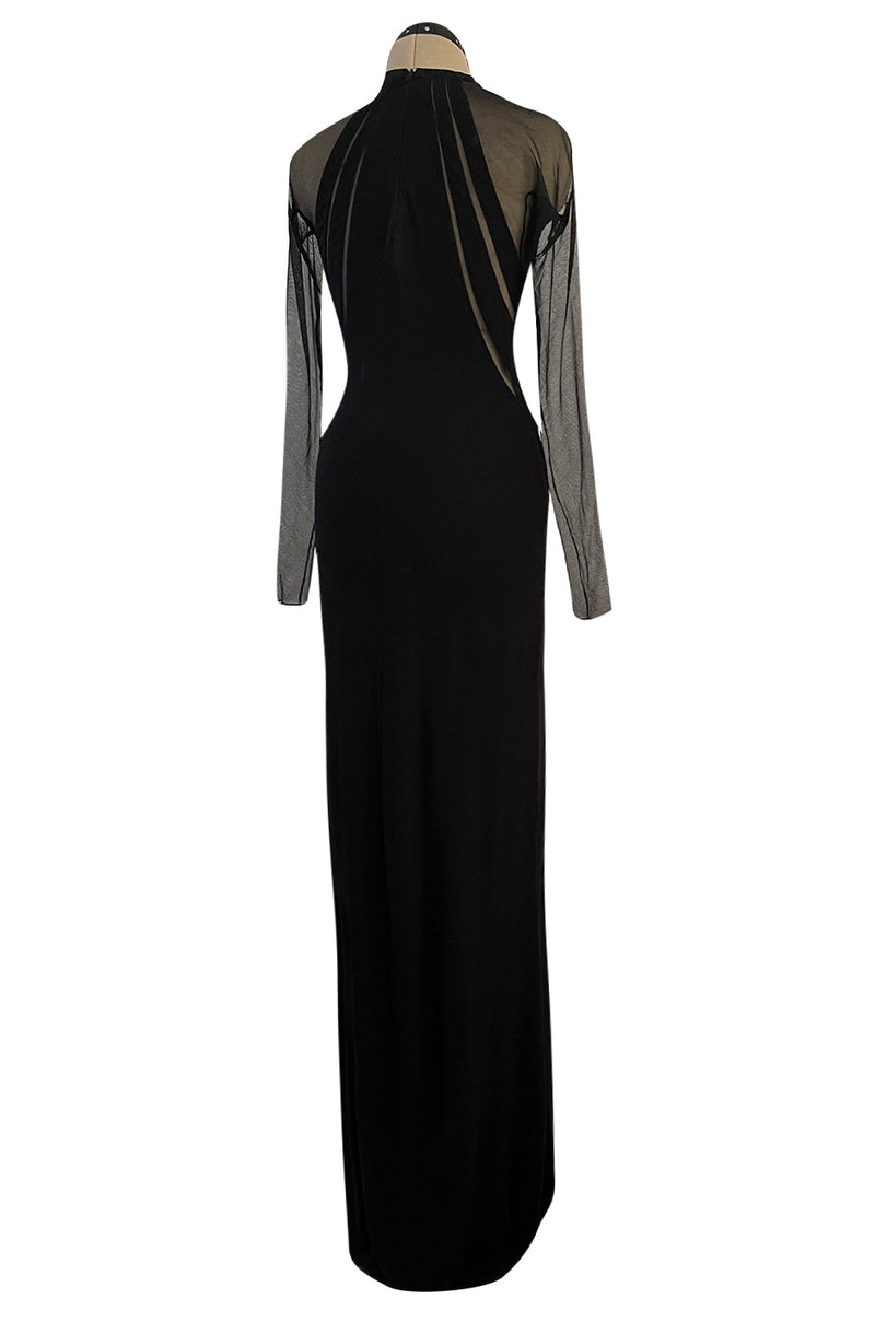 Spectacular 2005 John Anthony Couture Black Stretch Jersey Dress w Curved Netted Cut Outs