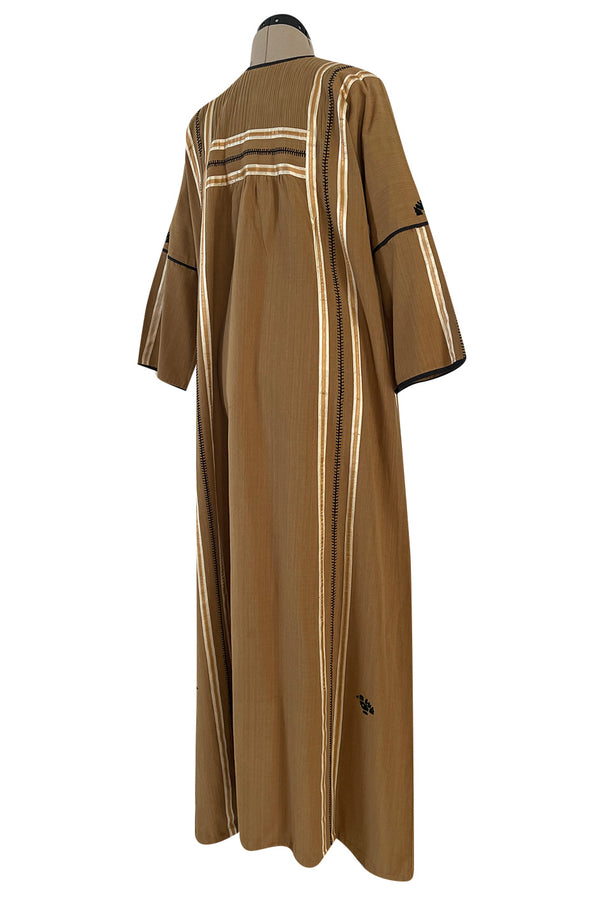 1960s Josefa Hand Embroidered w Brown Ribbon Detailing & Bird Motif Caftan Dress