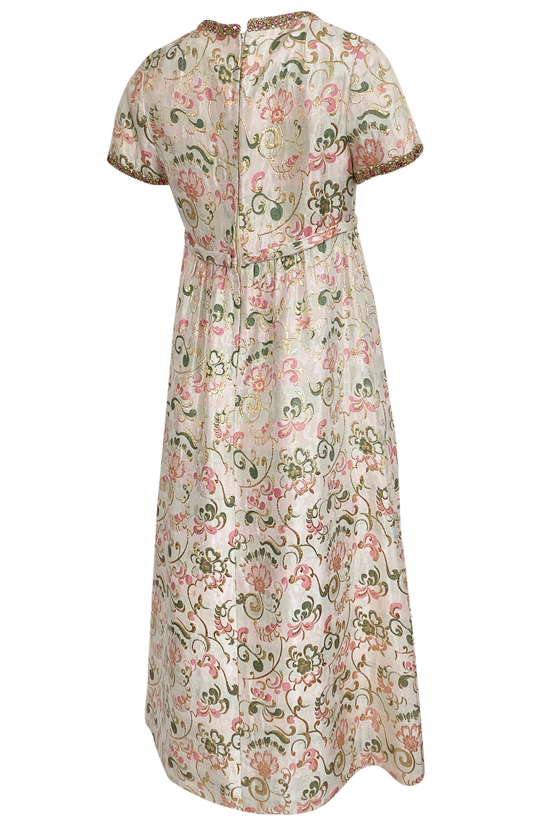 1960s Nat Kaplan Silk Brocade Midi Dress w Elaborate Crystal Detailing