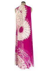 1969 Hanae Mori Chrysanthemum Print Pink Silk Twill & Silk Chiffon Dress