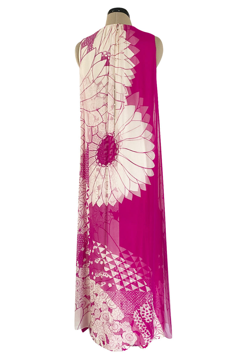 1969 Hanae Mori Chrysanthemum Print Pink Silk Twill & Silk Chiffon Dress