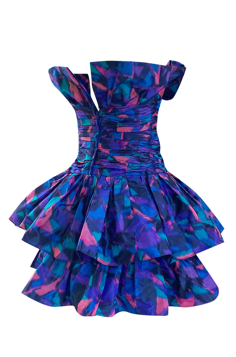 1987 Nina Ricci Multi Colour Printed Silk Taffeta Tiered Ruffled Mini Dress