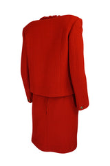 c1978-1985 Chanel Red Boucle Cropped Jacket & Skirt Suit