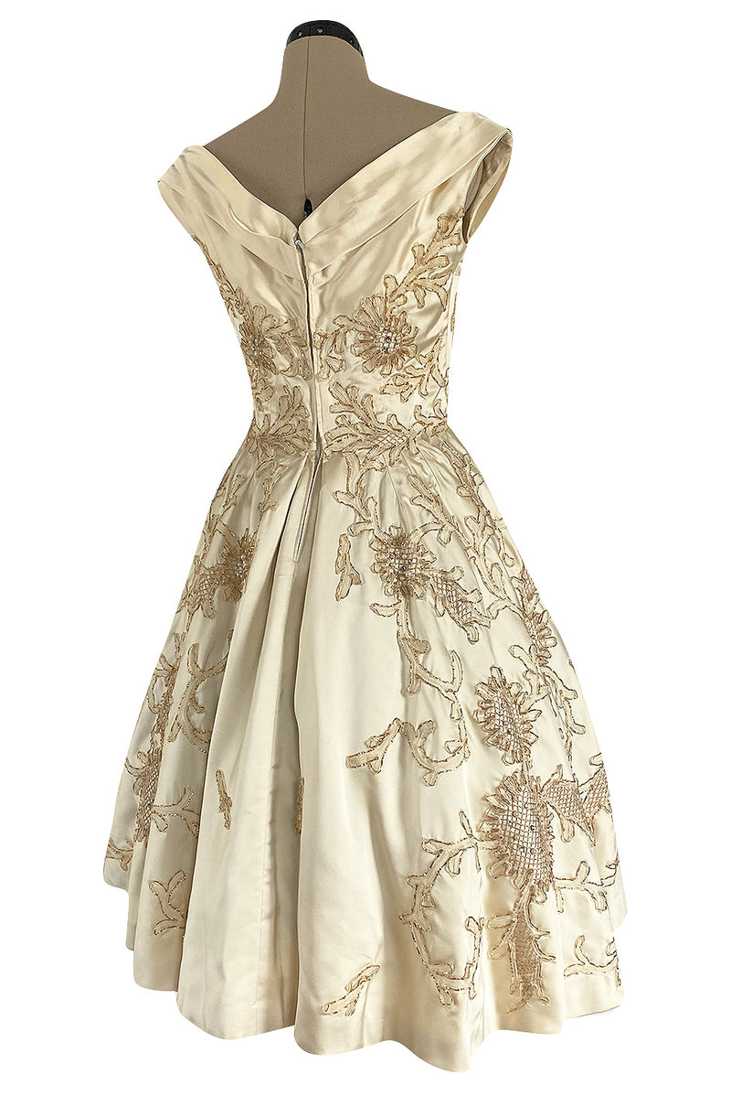 Incredible 1950s Ceil Chapman Ivory Silk Satin Dress w Gold Metal Ribb Shrimpton Couture Incredible 1950s Ceil Chapman Ivory Silk Satin Dress w Gold Metal Ribb Shrimpton Couture