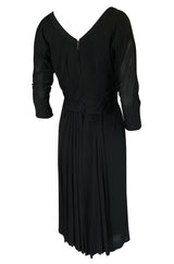 1940s Unlabeled Black Jersey Draped & Fitted Day or Cocktail Dress