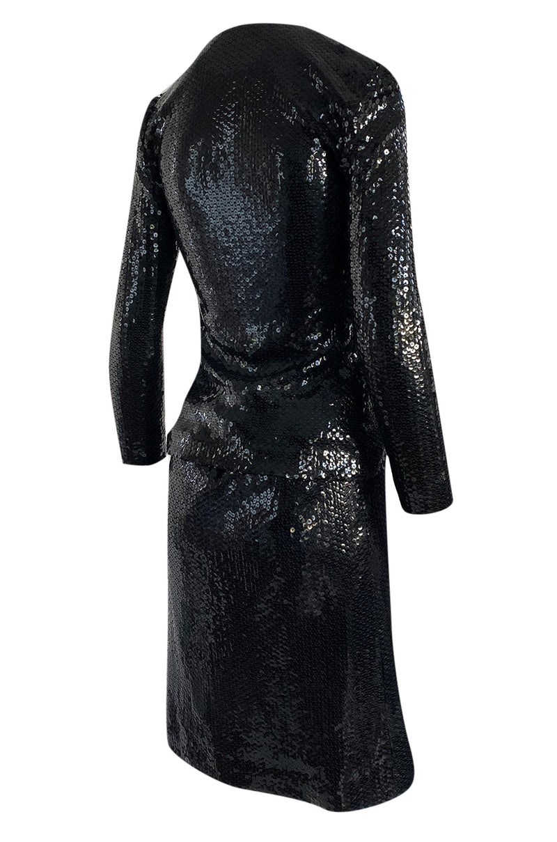 1973 Halston Couture Glossy Black Hand Applied Sequin Skirt & Jacket Evening Suit