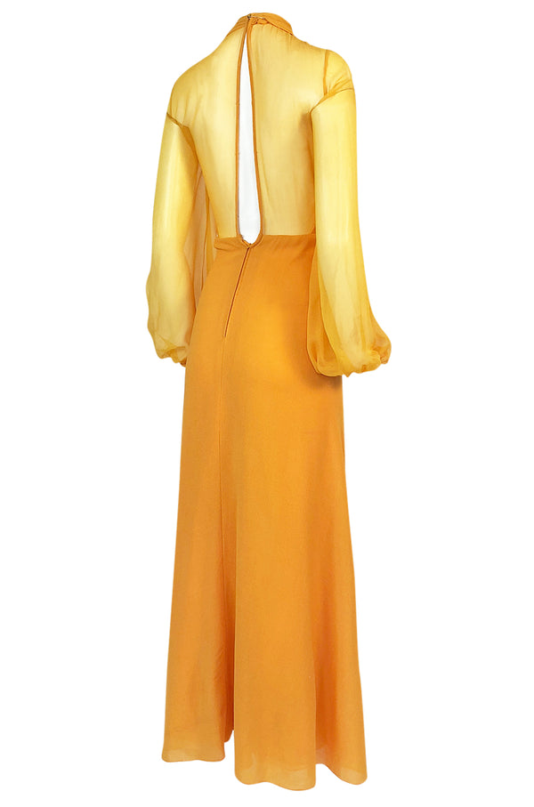 Spring 1972 James Galanos Couture Deep Yellow Silk & Chiffon Plunge Dress