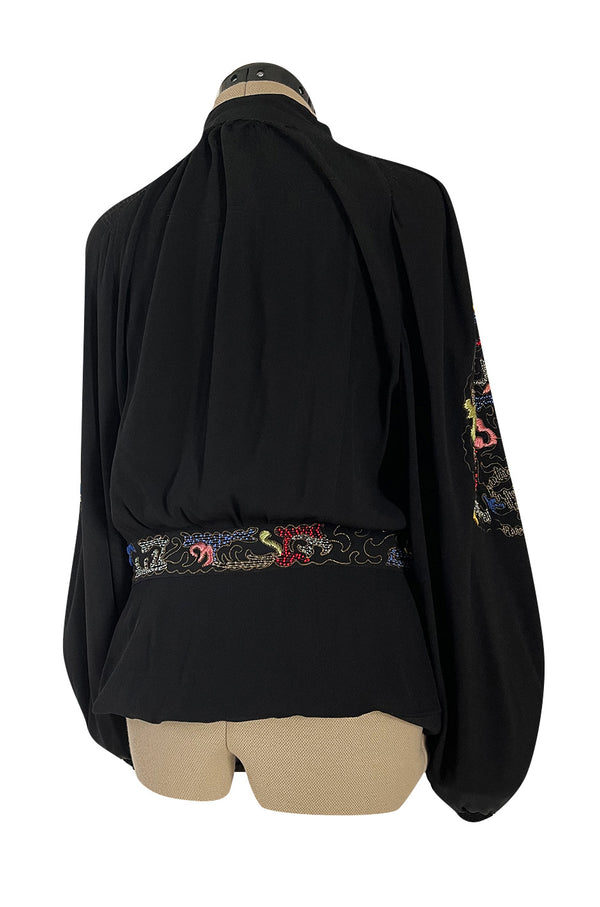 Extraordinary 1940s Hand Embroidered & Beaded Black Moss Crepe Balloon Sleeve Top