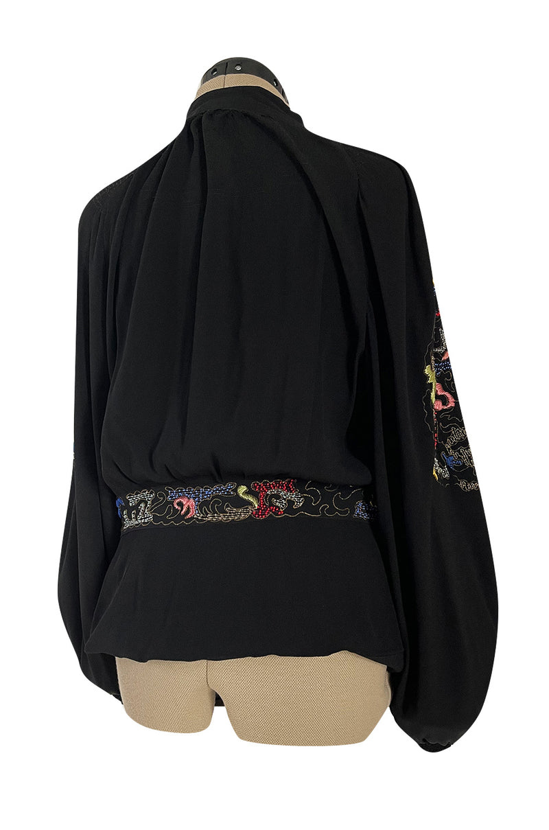 Extraordinary 1940s Hand Embroidered & Beaded Black Moss Crepe Balloon Sleeve Top