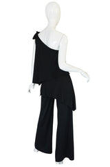 1970s Black Jersey One Shoulder Tiered Jumpsuit