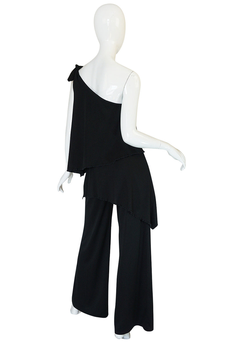 1970s Black Jersey One Shoulder Tiered Jumpsuit