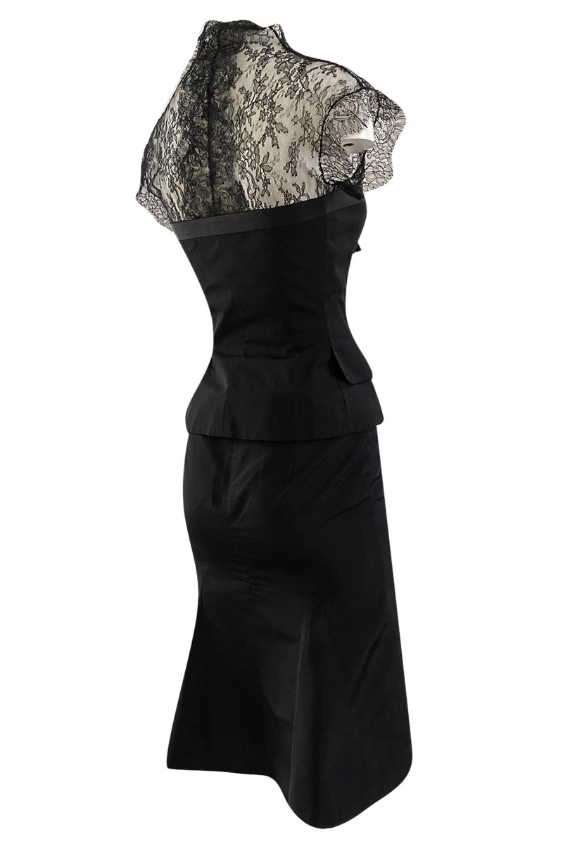 Spring 2004 Alexander McQueen Black Silk Taffeta and Black Lace Detailed Top & Skirt Set