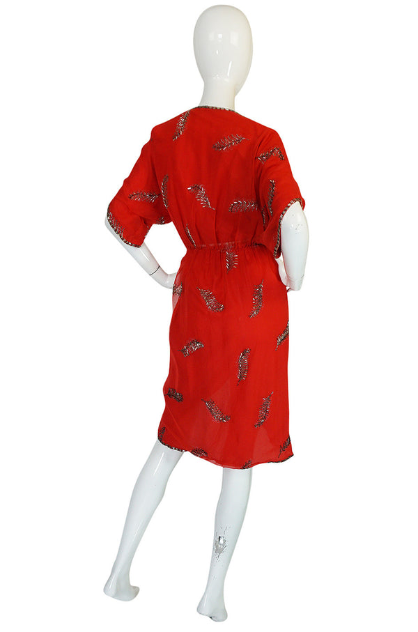 1960s Red Wrap Dress with Beading and Glitter Detail