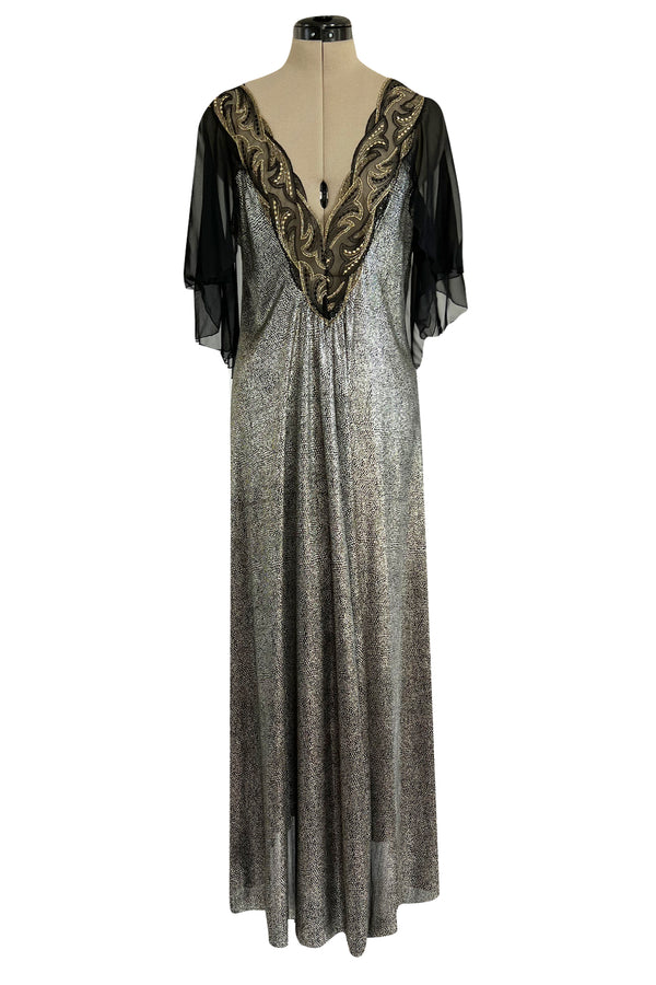 Dramatic 1980s Bob Mackie Chiffon & Gold Dress & Robe Set w Feather Trim