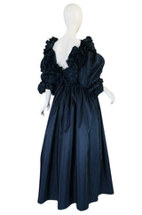1980s Bill Blass Midnight Blue Silk Taffeta Plunging Ruffled Dress