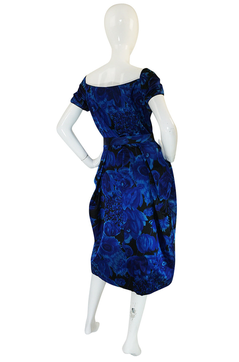 1950s Deep Blue Floral Demi-Couture Level Silk Dress