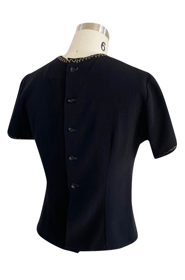 1980s Upcycled 1940s Renee Lewis Couture Hand Gold Embroidered Black Silk Crepe Top