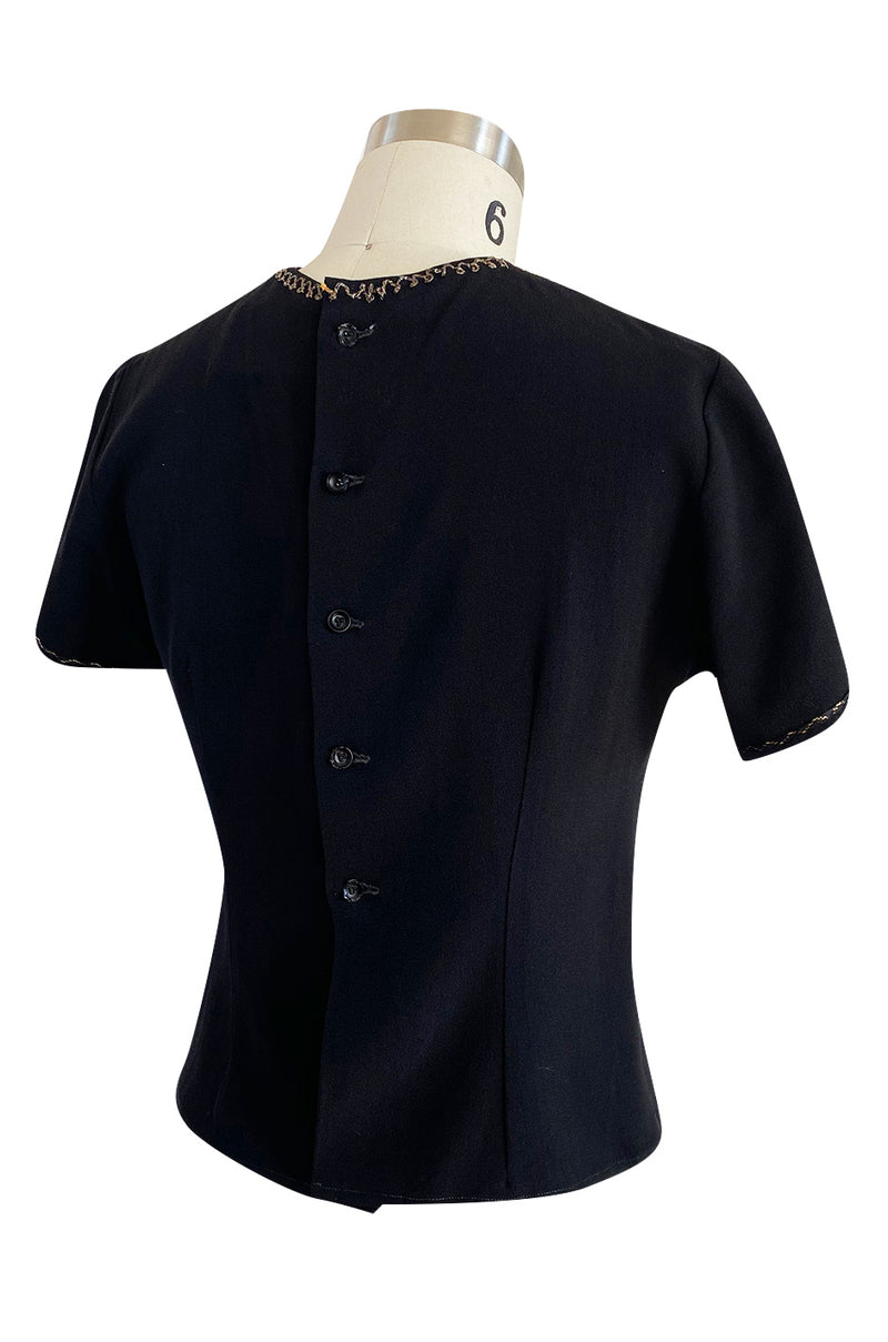 1980s Upcycled 1940s Renee Lewis Couture Hand Gold Embroidered Black Silk Crepe Top