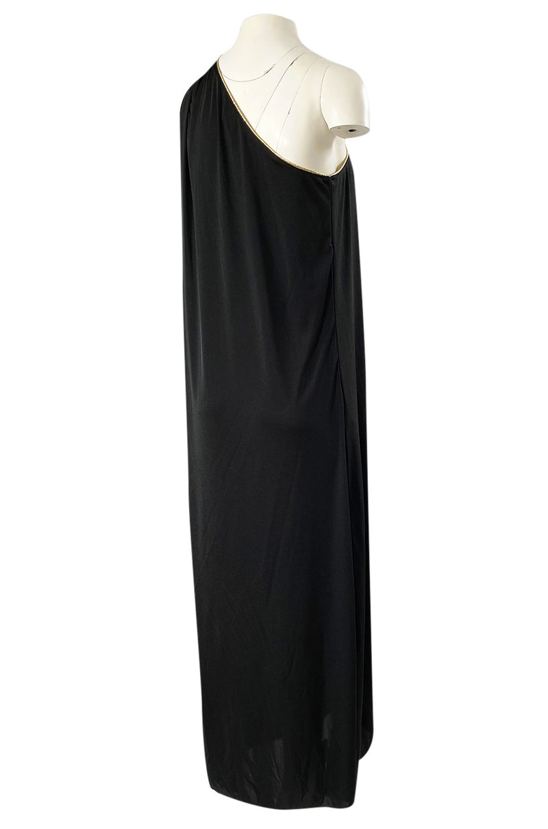1981 Bill Tice Black One Shoulder Jersey Dress w Gold Lame Flower Detailing