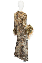 1970s Bill Blass Metallic Gold Lurex Knit & Feather Cuffed Dress