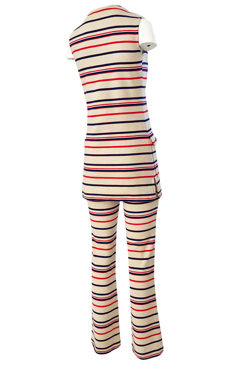 1970s Givenchy Taupe Red and Blue Striped Knit Jersey Pant & Top Set