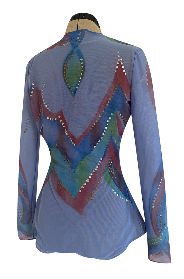 1970s Giorgio Sant Angelo Hand Painted Stretch Blue Net Bodysuit w Gold & Silver Accents