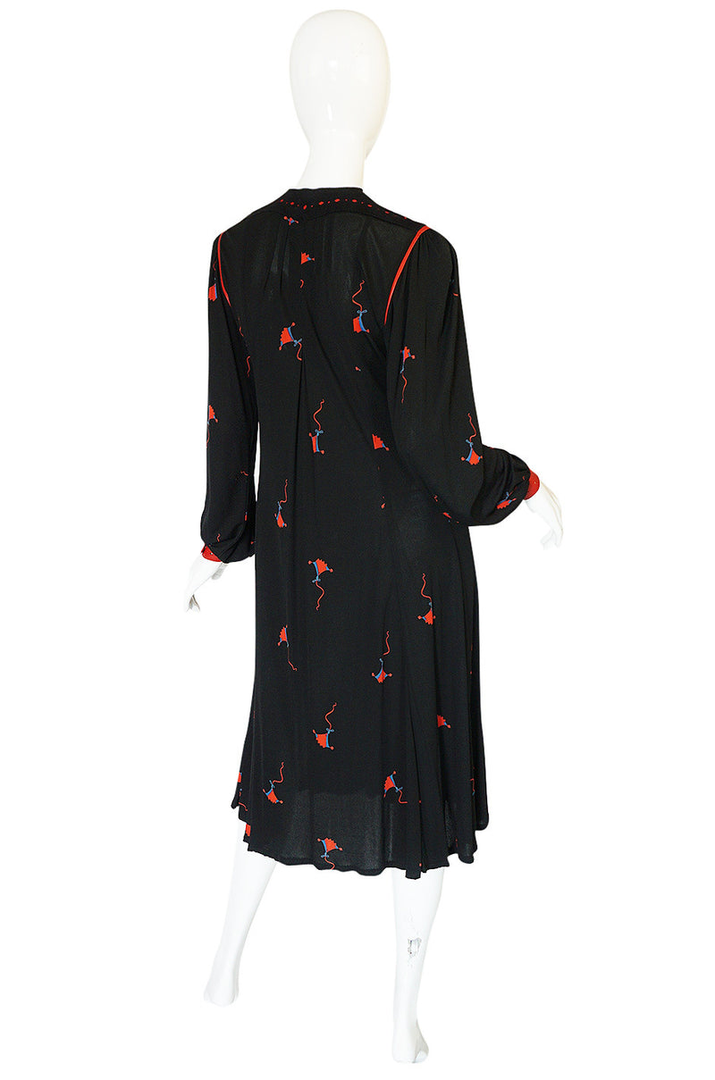 1970s Ann Buck Jersey with Leather Trim Print Dress