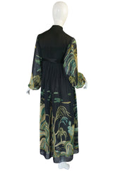 1960s Teal Traina New With Tags Printed Chiffon Dress