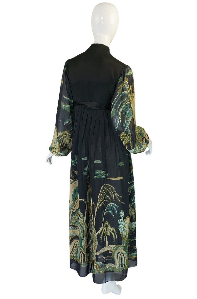 1960s Teal Traina New With Tags Printed Chiffon Dress