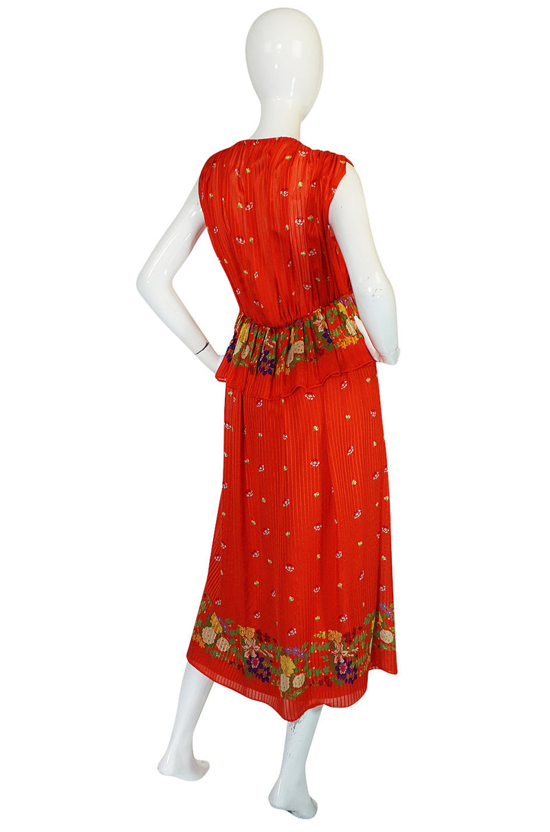 1970s Alberto Fabiani Open Slit Coral Silk Print Dress