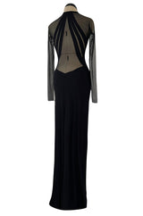 Spectacular 2005 John Anthony Couture Black Stretch Jersey Dress w Curved Netted Cut Outs