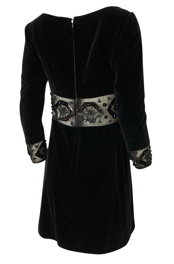 1967 Jacques Heim Couture Bead & Transparent Panel Velvet Dress
