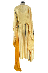 Extraordinary 1970s Holly's Harp Hand Painted Silk Multi-Wear Dress w Metallic Accents & Applique