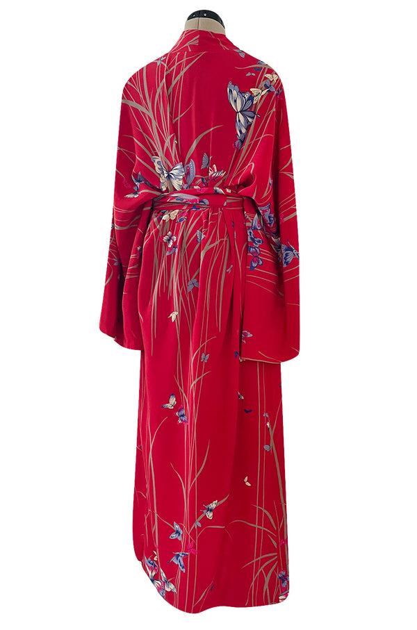 Gorgeous 1970s Hanae Mori Red Silk Kimono Caftan Dress w Sash & Beautiful Butterfly Print