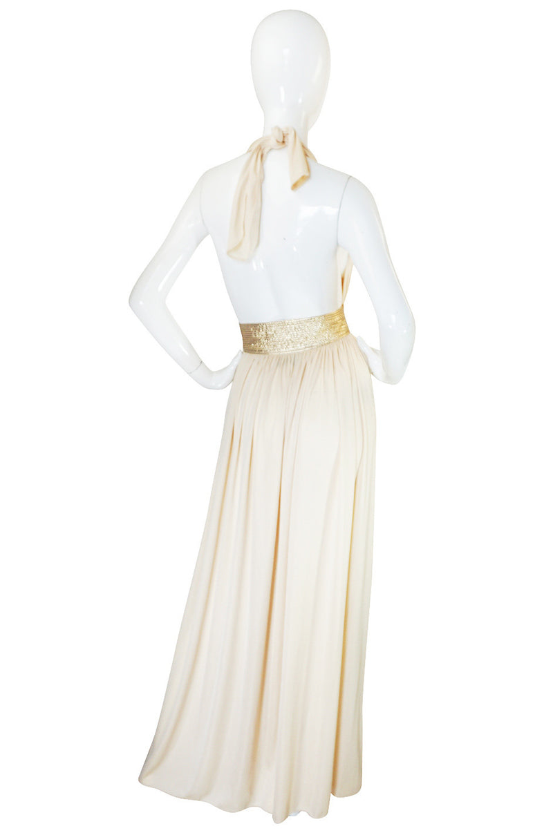 1980 Bill Tice Plunge Cream & Gold Backless Dress