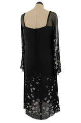 Late 1970s Pauline Trigere Black Silk Chiffon Dress w Silver Fused Glitter Flower Design