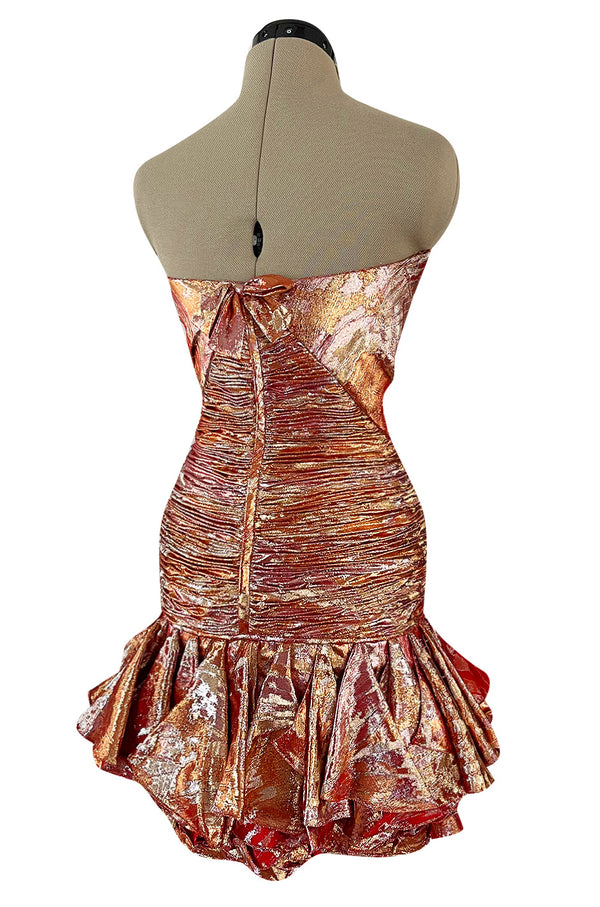 Fall 1988 Emanuel Ungaro Strapless Metallic Gold & Coral Dress w Flirty Ruffled Skirt