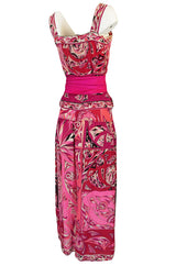 1960s Emilio Pucci Printed Pink Silk Sleeveless Top & Wide Legged Pant Set w Silk Belt