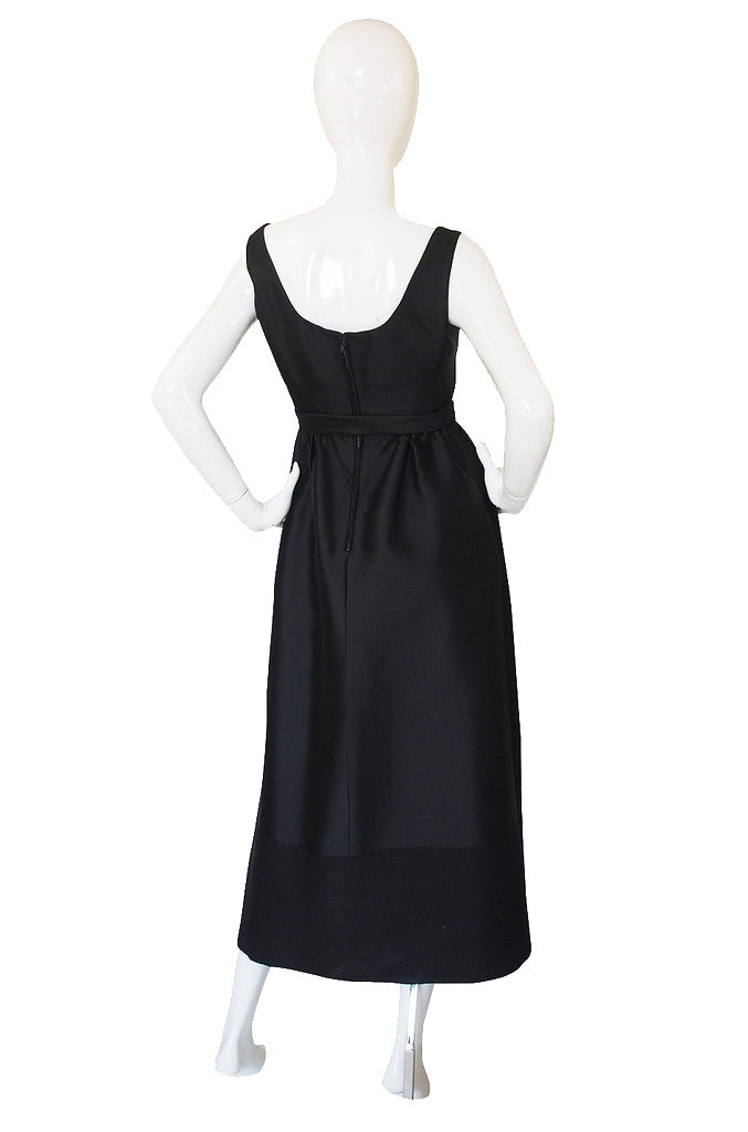 1960s Sculptural Black Silk Teal Traina "Tuxedo" Dress