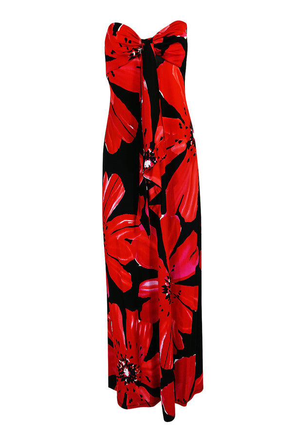 1978 Halston Resort Swimwear Red Floral Jersey Halter Dress