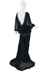 1980s Wayne Clark Backless Silver Glitter Trained Chiffon Dress