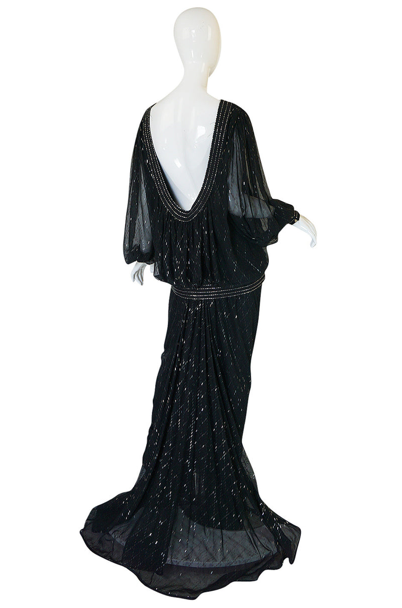 1980s Wayne Clark Backless Silver Glitter Trained Chiffon Dress