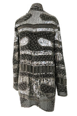 Sparkly Spring 1981 Halston Silver Sequin & Beaded Black Silk Chiffon Jacket