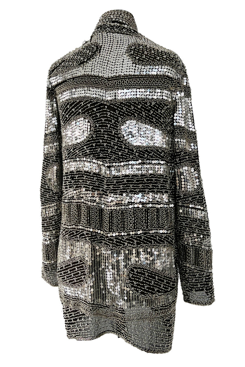 Sparkly Spring 1981 Halston Silver Sequin & Beaded Black Silk Chiffon Jacket