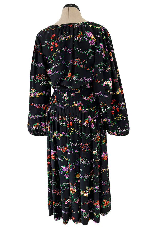 Gorgeous 1970s Yves Saint Laurent Floral Print Silk Skirt & Balloon Sleeve Top Set