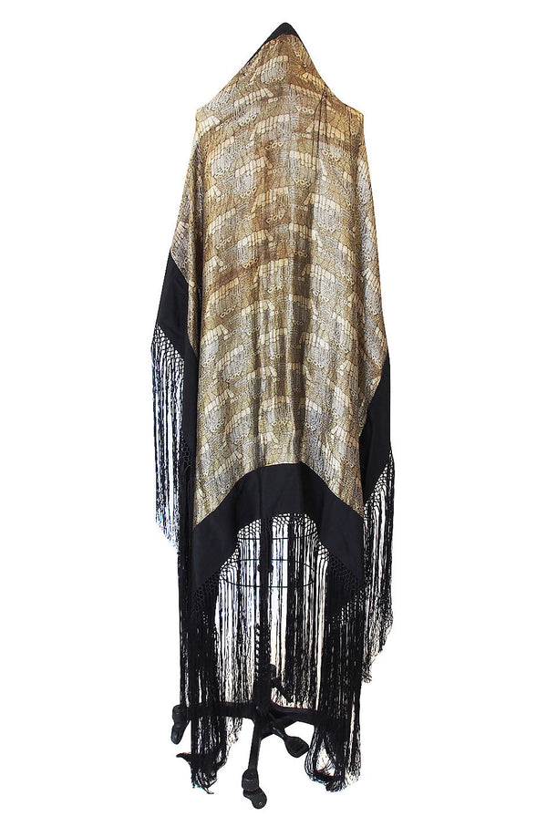 Rare 1920s Gold Lame & Silk Fringe Shawl