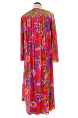 Beautiful & Rare Early 1960s Thea Porter Floral Print Coat Caftan Dress w Antique Cord Detailing